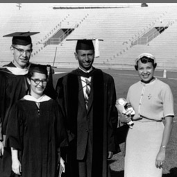 James E. Blackwell, fourth from left, was photographed with friends and family following the 1959 Washington State University commencement on Rogers Field. From left are Joe Perry (’61 Ph.D. Soc.), retired sociologist at Bowling Green University, M. Jay Crowe (’59 M.S. Soc.), Evelyn MacDougall (’59 M.S. Soc.), Blackwell, Jean Conyers, wife of James Conyers (’62 Ph.D. Soc.), retired Indiana State University professor, who took the photo, and Blackwell’s sister, Mary Louise Henderson, now deceased. A nurse in Los Angeles, she came to Pullman to attend the graduation. Photograph courtesy of James E. Blackwell
