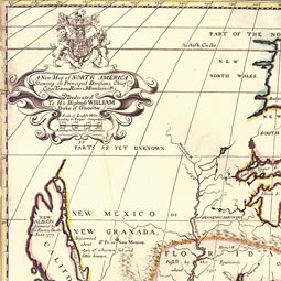 'A new map of North America: shewing its principal divisions, townes, rivers, mountains, etc.,' by Edward Wells, published 1701. Courtesy WSU Manuscripts, Archives, and Special Collections.