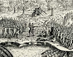 Samuel de Champlain helps fight off Indian forces as they attack the Iroquois stronghold of Ticonderoga. Originally printed in the Voyages du Sieur de Champlain by Iean Berjou, Paris, in 1613, the image illustrates how powerful tribes utilized the early colonists as allies in their own long-established rivalries, and how quickly the local Indians appreciated the advantages of European technology. From Ernst and Johanna Lehner, How They Saw the New World. New York: Tudor Publishing Company, 1966.