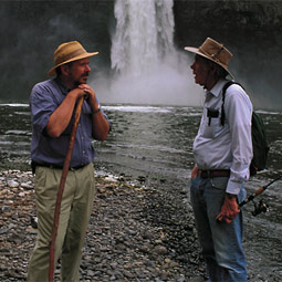 Gary Webster (right) and <em>Washington Tate Magazine</em> editor Tim Steury recover from descending 12 million years from the rim of Palouse River Canyon.