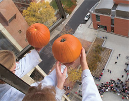 An expectant crowd on the plaza breathlessly waits for the pumpkins to drop in a demonstration of Galileo's law of falling objects. An expectant crowd on the plaza breathlessly waits for the pumpkins to drop in a demonstration of Galileo's law of falling objects.