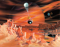 This artist's conception show Titan's surface with Saturn appearing in the background through Titan's thick atmosphere of mostly nitrogen and methane. This artist's conception show Titan's surface with Saturn appearing in the background through Titan's thick atmosphere of mostly nitrogen and methane.