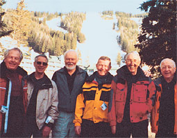 Members of WSC ski teams from the early 1950s gathered at Big Mountain, Montana, in March 2005: Bruno Richter '55, Jerry Gaiser, Bill Noble '58, Gordon McKenzie '55, Al Fisher '54, sandy Jacobson '57, Chuck (Ferg) McKillop, and Bard Glenne '57. Members of WSC ski teams from the early 1950s gathered at Big Mountain, Montana, in March 2005: Bruno Richter '55, Jerry Gaiser, Bill Noble '58, Gordon McKenzie '55, Al Fisher '54, sandy Jacobson '57, Chuck (Ferg) McKillop, and Bard Glenne '57.
