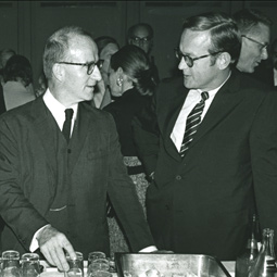 Rockey with Gerard Piel, chairman of <em>Scientific American</em, at the Pacific Science Center in the 1980s.