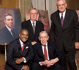 Washington State University's presidents emeriti Glenn Terrell (seated), V. Lane Rawlins (right), Samuel H. Smith (left rear), and current president Elson S. Floyd. <em>Robert Hubner</em> Washington State University's presidents emeriti Glenn Terrell (seated), V. Lane Rawlins (right), Samuel H. Smith (left rear), and current president Elson S. Floyd. <em>Robert Hubner</em>