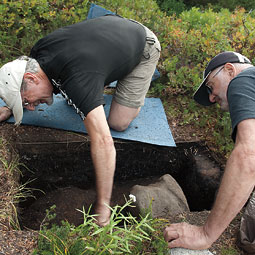 Carbon dating has established that the hearth analyzed by archaeologist Bob Mierendorf and geochronologist Nick Foit was used at least 9,600 years ago. Photo by Zach Mazur.