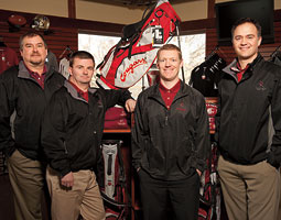 Left to right: Mike Bednar '92, '04; Todd Lupkes '92; Jeremy Wexler '00; Tyler Jones '92. Photo Robert Hubner Left to right: Mike Bednar '92, '04; Todd Lupkes '92; Jeremy Wexler '00; Tyler Jones '92. Photo Robert Hubner