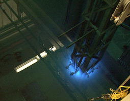 The glowing blue core of WSU's nuclear reactor. <em>Video still by Matthew Haugen</em>