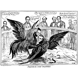 Political cartoon: 1844 presidential contest as a cock-fight, in which Whig candidate Henry Clay prevails over Democratic opponent Polk. Several prominent political figures look on.