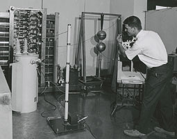 For his master’s project, Kirby Holte (’71 PhD) built a high-voltage generator that produced 320,000 volts as part of the electrical engineering department’s Spokane Transformer Company project. <em>Courtesy WSU MASC</em> For his master’s project, Kirby Holte (’71 PhD) built a high-voltage generator that produced 320,000 volts as part of the electrical engineering department’s Spokane Transformer Company project. <em>Courtesy WSU MASC</em>