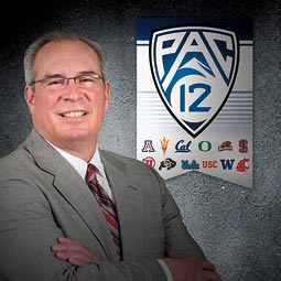 WSU athletic director Bill Moos with the new Pac-12 logo. <em>Photoillustration Shelly Hanks/Staff</em>