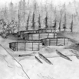 Drawing of the Dionisio Point village as it may have looked 1,500 years ago. <em>Illustration Neil Miller</em>