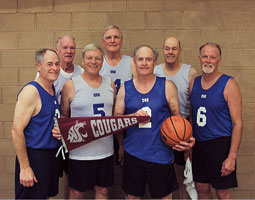 Seven WSU graduates teamed up to play full-court basketball at the Huntsman Games in St. George, Utah, this past October. Three of the players formerly played for the Cougars in the Pac-8 conference. Ray Stein and Ted Wierman played in the late ’60s and Dan Steward played in the early ’70s. From left to right: Terry Nealey ’69 Bus. Admin., Darryl Olson ’63 BS Animal Sci., Ray Stein ’68 BS Math, Ted Wierman ’69 BA Bus. Admin., Tedd Nealey ’69 BS Ag., Joe Pettit ’68 BA Edu., and Dan Steward ’72 BA Edu. Courtesy Tedd Nealey