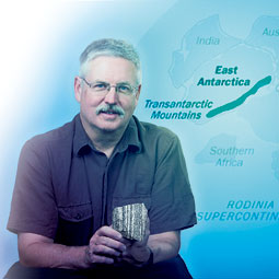Geologist Jeff Vervoort with a 1.86-billion-year-old piece of gneiss he found near Clarkia, Idaho, typical of the rocks at the core of the ancient supercontinent of Rodinia. The small circle on the map indicates the approximate location of present-day Pullman. Geologist Jeff Vervoort with a 1.86-billion-year-old piece of gneiss he found near Clarkia, Idaho, typical of the rocks at the core of the ancient supercontinent of Rodinia. The small circle on the map indicates the approximate location of present-day Pullman.