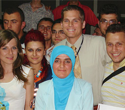 Steve Wymer with the University of Tirana Faculty of Arts and Sciences student sentators.